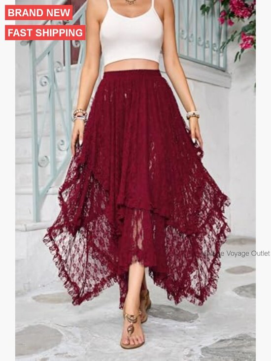 Women's Lace Maxi Skirt Elastic Waist Asymmetrical Hem Beach Cover Up - Picture 4 of 7